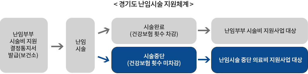 경기도 난임시술 지원체계 / 난임부부 시술비 지원 결정통지서 발급(보건소) / 난임시술 (시술완료(건강보험 횟수 차감) - 난임부부 시술비 지원사업 대상) , (시술중단(건강보험 횟수 미차감), 난임시술 중단 의료비 지원사업 대상)