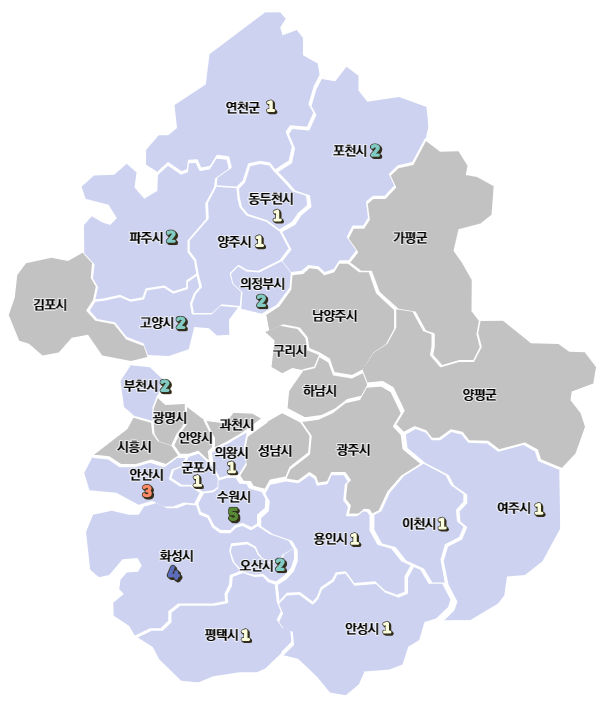 독립주거지원 LH 임대주택 확보 현황 : 19개 시·군 34채 지도 이미지